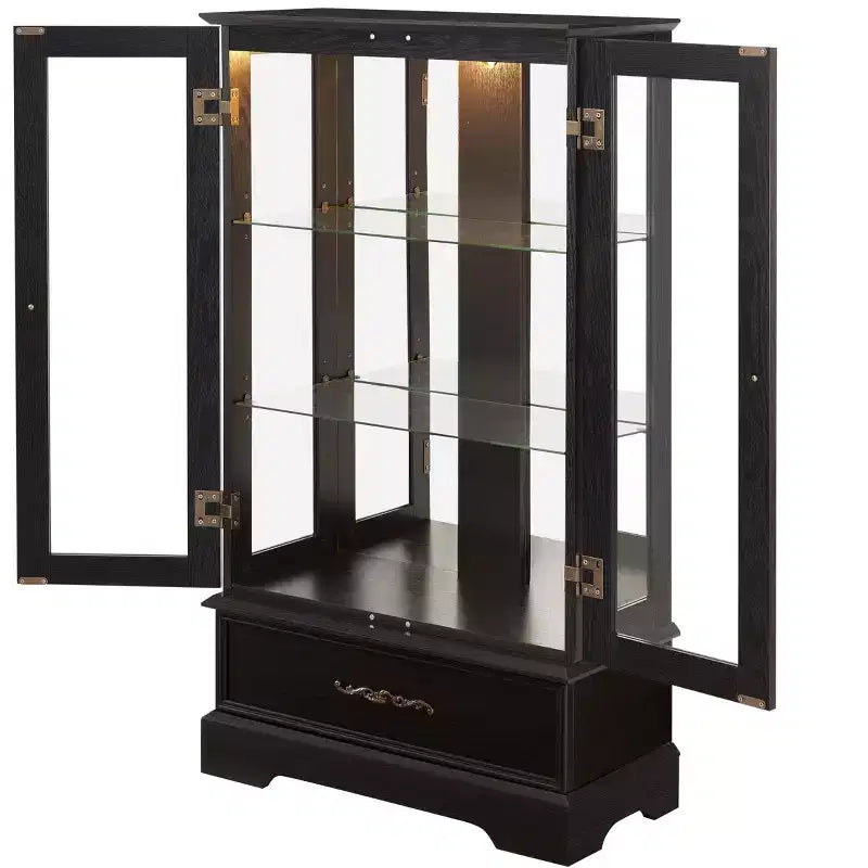 Vitrine en verre éclairée avec étagères réglables - Vitrine élégante à 2 portes et tiroir intégré, ampoule incluse