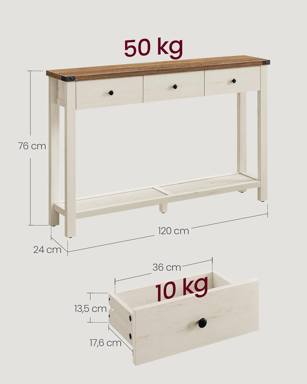 VASAGLE Table Console, Table d'Entrée avec 3 Tiroirs et Étagère de Rangement, pour Entrée, Salon, Style Campagnard, Marron Miel et Blanc Rustique LNT142WJ01