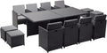 CONCEPT USINE | Salon de Jardin Encastrable 12 Places en Résiné Tréssée | Monaco Noir/Gris | Table avec Verre 5 mm + 8 Chaises + 4 Poufs | Structure Acier + Epoxy | Robuste, Confortable, Résistant