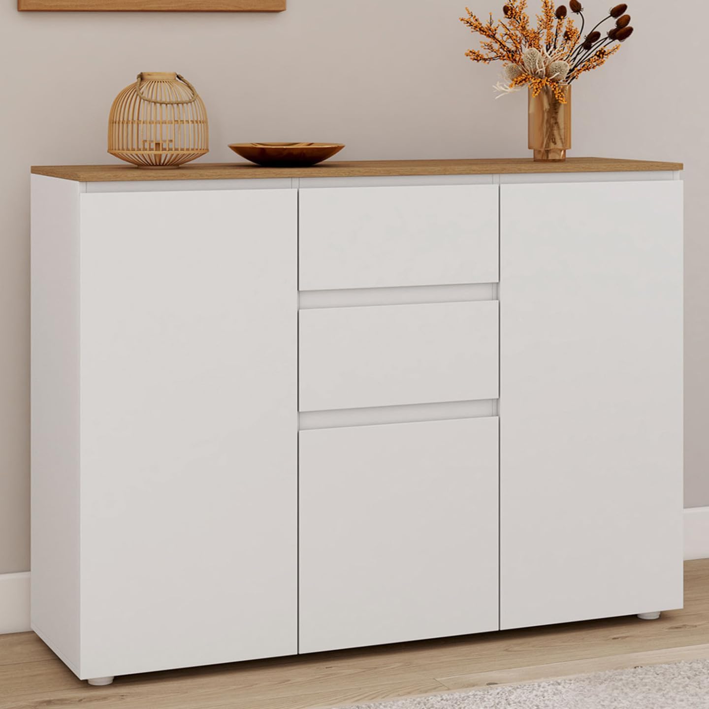 IDMarket - Buffet 100 cm Toby 3 Portes 2 tiroirs Blanc et Plateau Bois