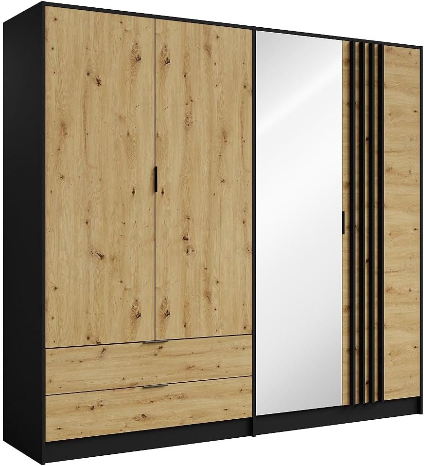 Vente-unique - Armoire 4 Portes et 2 tiroirs - avec Miroir - L220 cm - Coloris : Noir et Naturel - TUNALO
