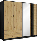 Vente-unique - Armoire 4 Portes et 2 tiroirs - avec Miroir - L220 cm - Coloris : Noir et Naturel - TUNALO