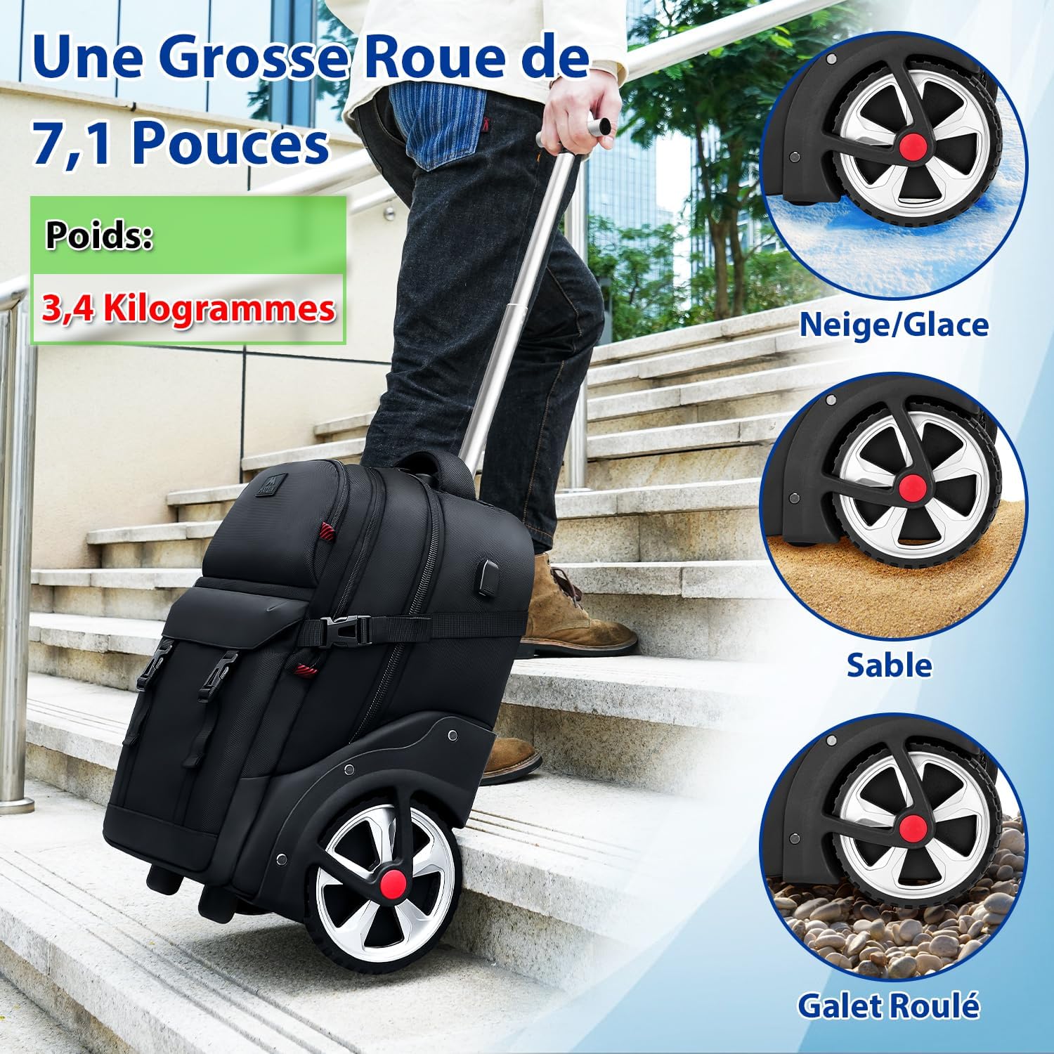 MATEIN Sac Dos Roulettes 17 Pouces avec 2 Roues, Grande Capacité avec Cadenas à Combinaison, 2 en 1 Trolley Résistant et Anti-vol, Hommes Adulte Cartable Voyage d'Affaires, Noir
