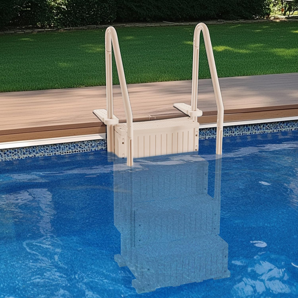 VEVOR Escalier de Piscine en Plastique avec 2 Rampes, 4 Marches Antidérapantes, Capacité de Charge 181,4 kg, pour Piscines Creusées Hors Sol 122-137 cm, Terrasse, Maison, Intérieur, Extérieur, Taupe