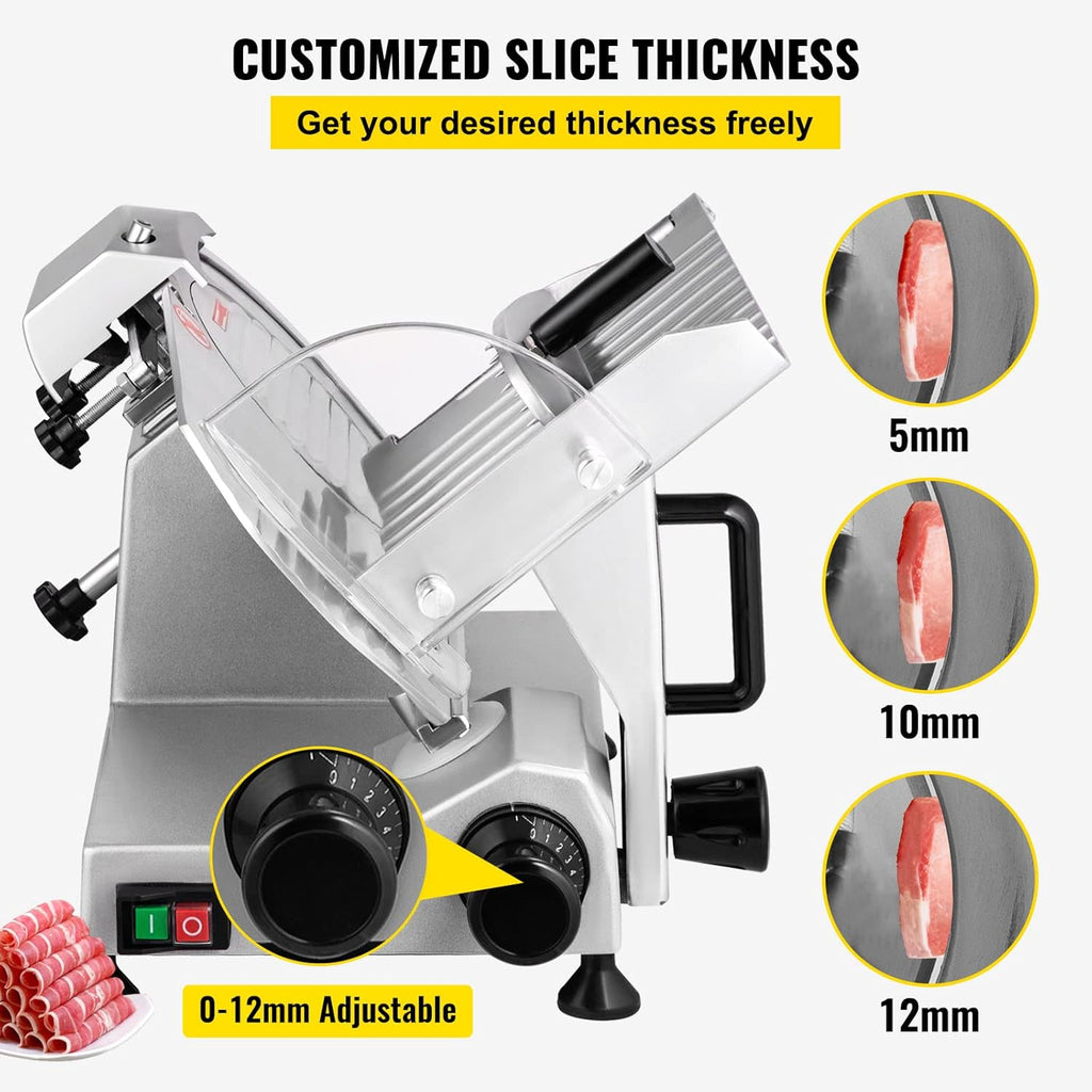 VEVOR Trancheuse Électrique Commerciale 200 W Trancheuse à Jambon Lame 203 mm 350-400 tr/min Trancheuse Charcuterie en Acier Inoxydable et Alu pour Couper en Tranches Viande Fromage Légumes Fruits