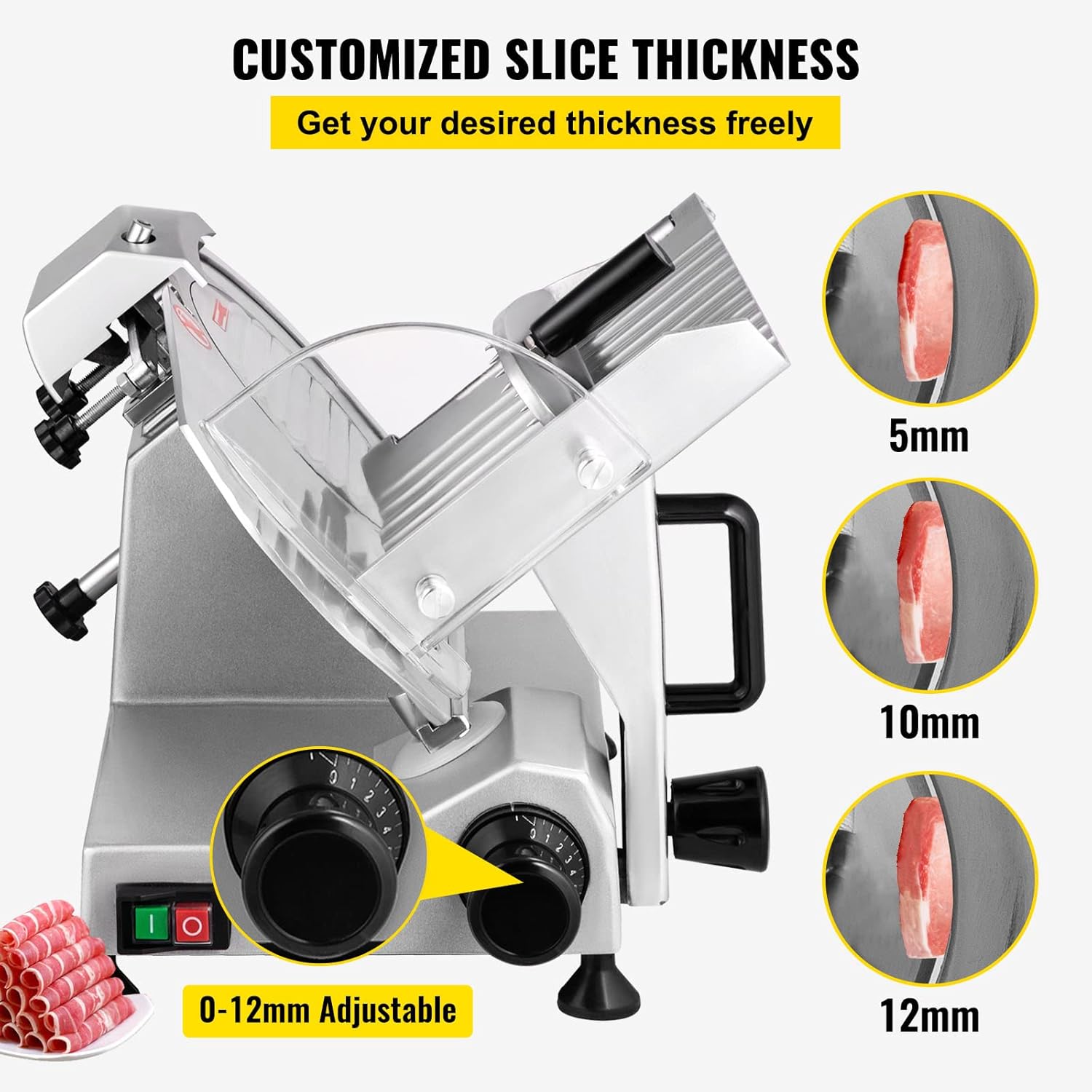 VEVOR Trancheuse Électrique Commerciale 200 W Trancheuse à Jambon Lame 203 mm 350-400 tr/min Trancheuse Charcuterie en Acier Inoxydable et Alu pour Couper en Tranches Viande Fromage Légumes Fruits