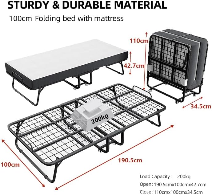 CAIYUN Lit Pliant 1 Personne 100 x 190 cm Lit Pliable Adulte avec Matelas en Mousse de 13 cm, Lit d'Appoint Pliable à 4 roulettes et Sommier à Lattes en Métal pour Invités, Charge 200 kg, Noir