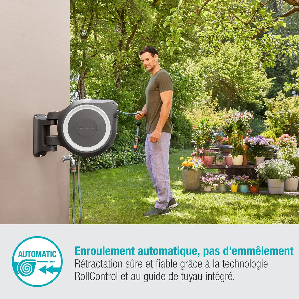 Gardena Enrouleur de Tuyau Mural Rollup L (Blanc) – Longueur 30m – Ø13mm– Garantie 5 Ans– Dévidoir pivotant à 180°– Kit Complet avec Lance, raccord, Tuyau et Support Mural Inclus (18627-20)