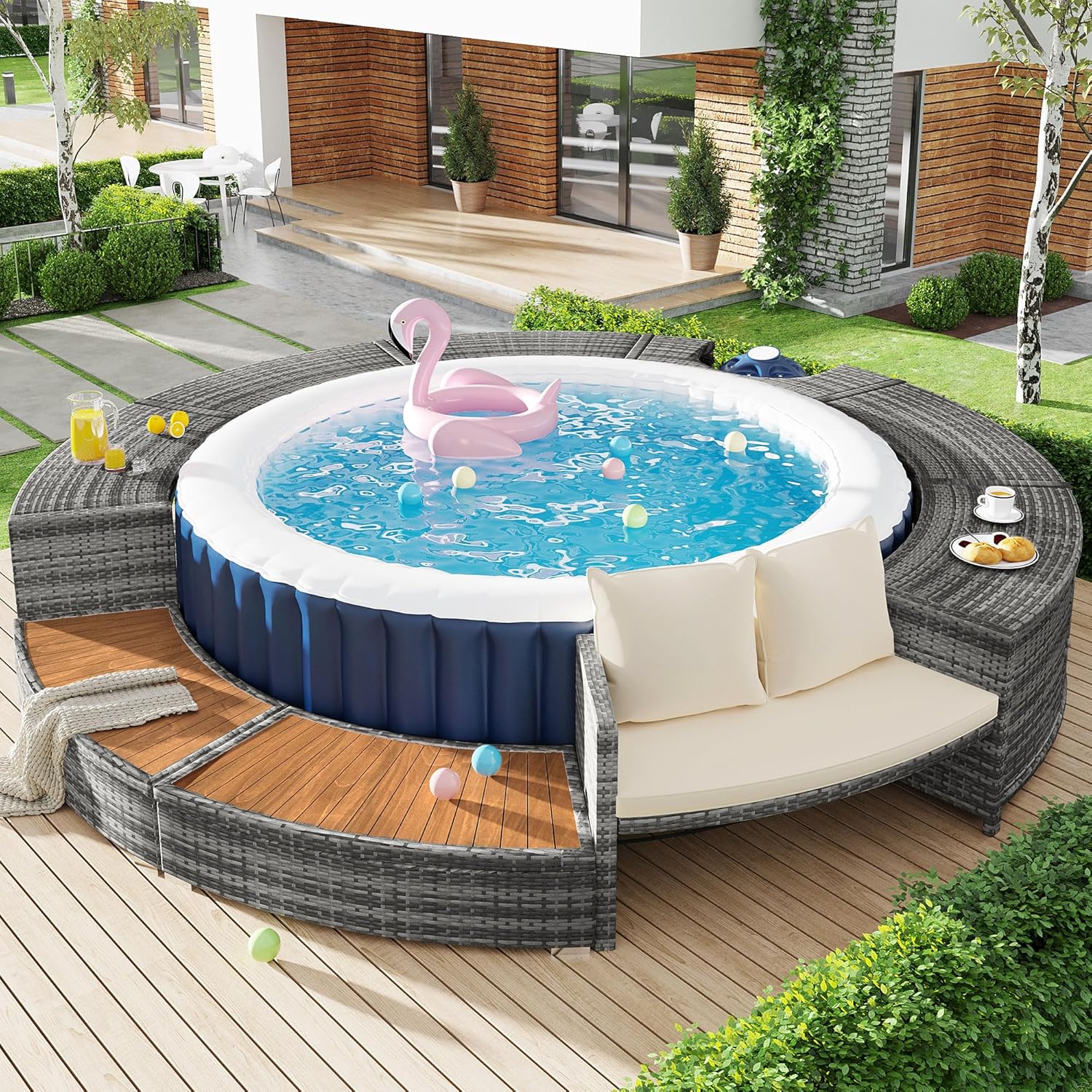 Spa Piscine Salon de Jardin Bordure de Piscine PE Gris Rotin et Bois d'acacia avec Espace de Rangement Salon Salon pour Jacuzzi et Piscine