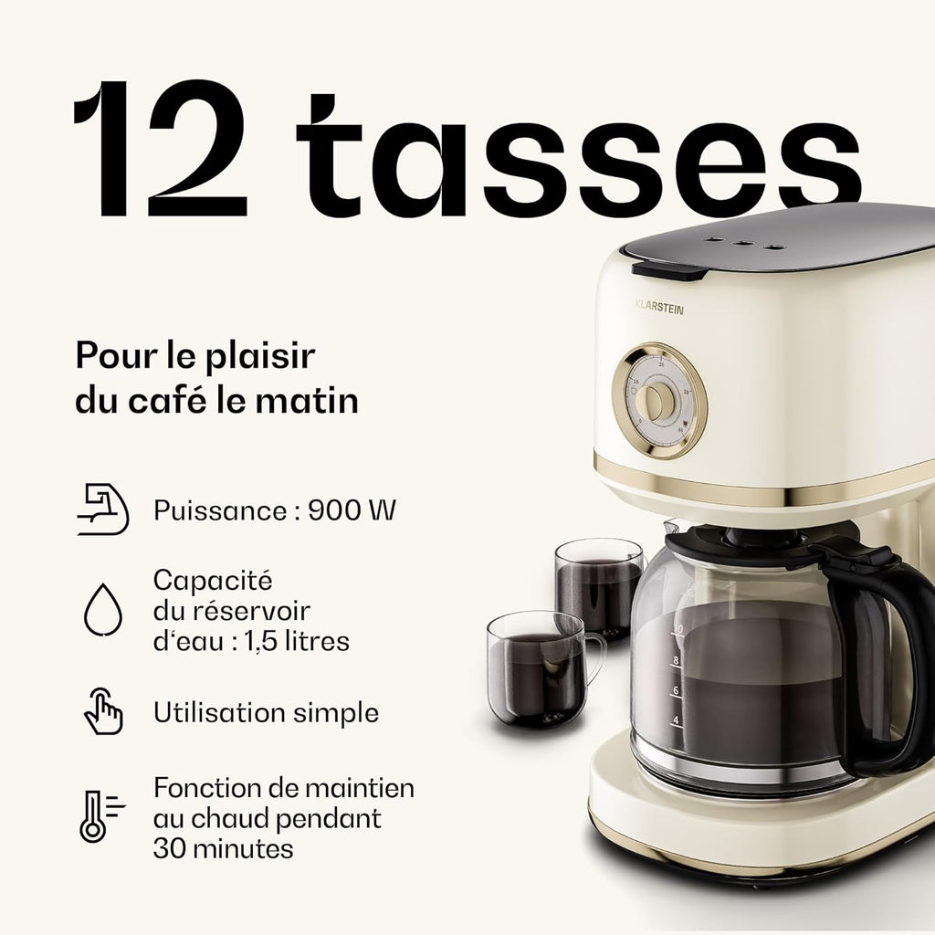 Klarstein Victoria Set Petit-Déjeuner Complet – Grille-Pain 2 Fentes 7 Niveaux, Bouilloire Électrique 1,7L, Cafetière Filtre 12 Tasses, Design Rétro, Support à Petits Pains, Cream