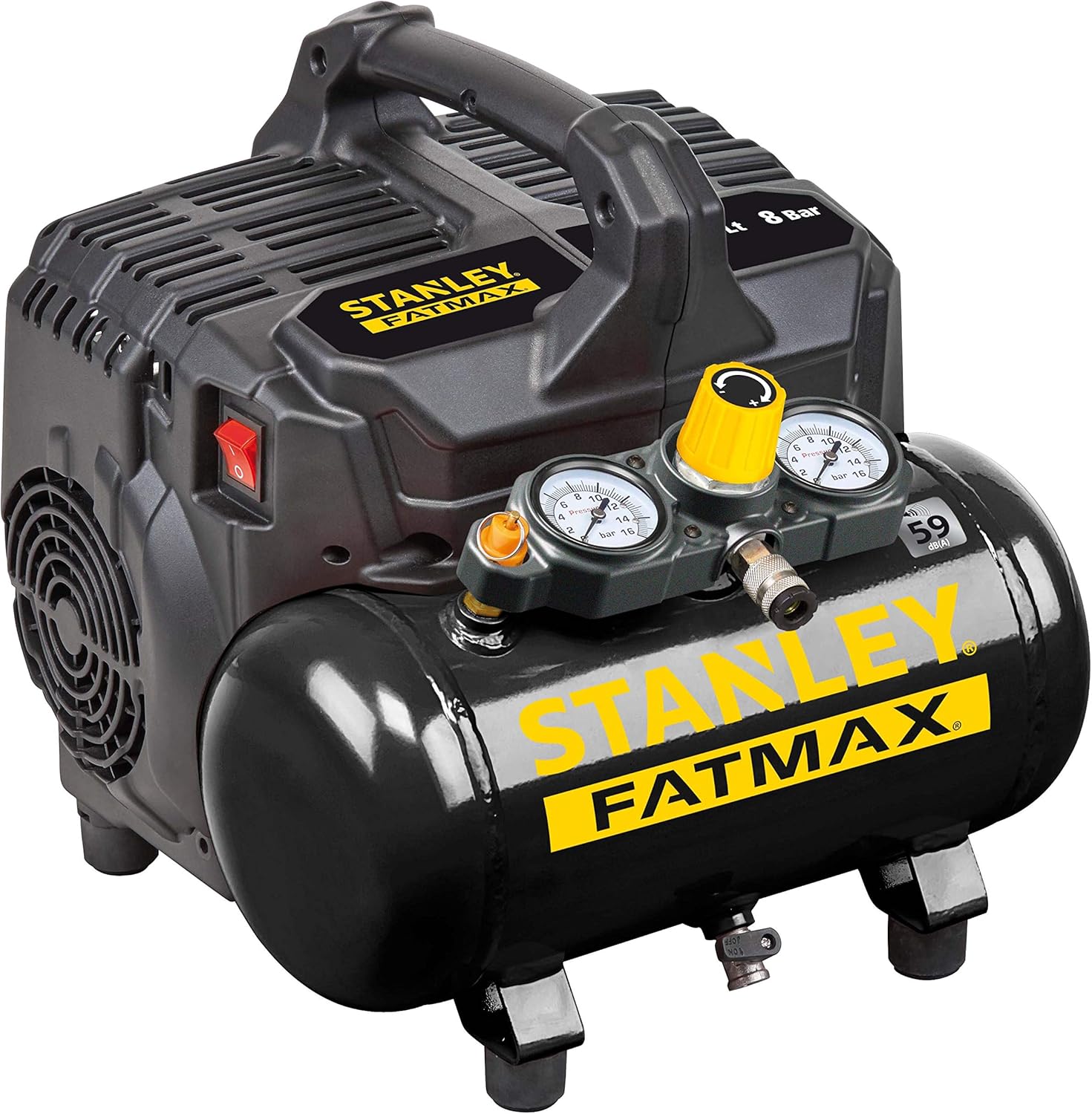 Stanley Compresseur FATMAX DST 101/8/6 FMXCM00 - Compresseur d'air portable et pour voiture 8 bars - 6 L - 105 l/min - Sans huile - Silencieux - IP43-1450 tr/min - Noir/Jaune