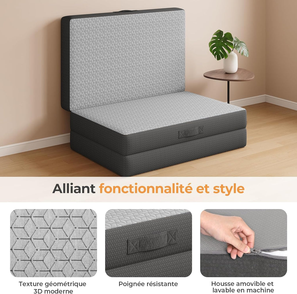 Vesgantti Matelas Pliable 120x190x15 cm avec Sac de Transport, Matelas d’Appoint Adulte en Mousse à Mémoire de Forme Gel, Lit Pliant pour Camping, Voyage, Voiture et Invités, Gris