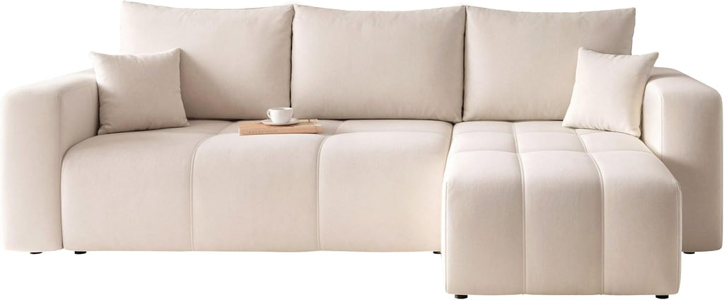 Canapé d'angle Convertible 145x248 à Gauche ou à Droite - Canapé 3 Places Convertible Beige avec Espace de Rangement