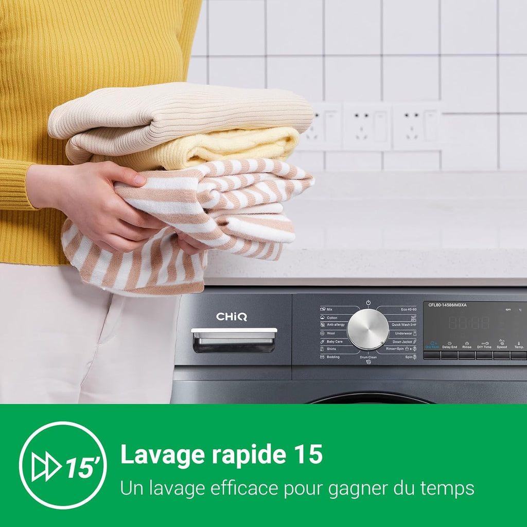 Lave-linge CFL80-14586IM3XA, Chargement frontal 8 kg,Space Pro,Moteur Inverter stable, 1400 tr/min, Programme intelligent à IA, Fonction vapeur, Lavage rapide 15 minutes, 15 cycles lavage, Gris