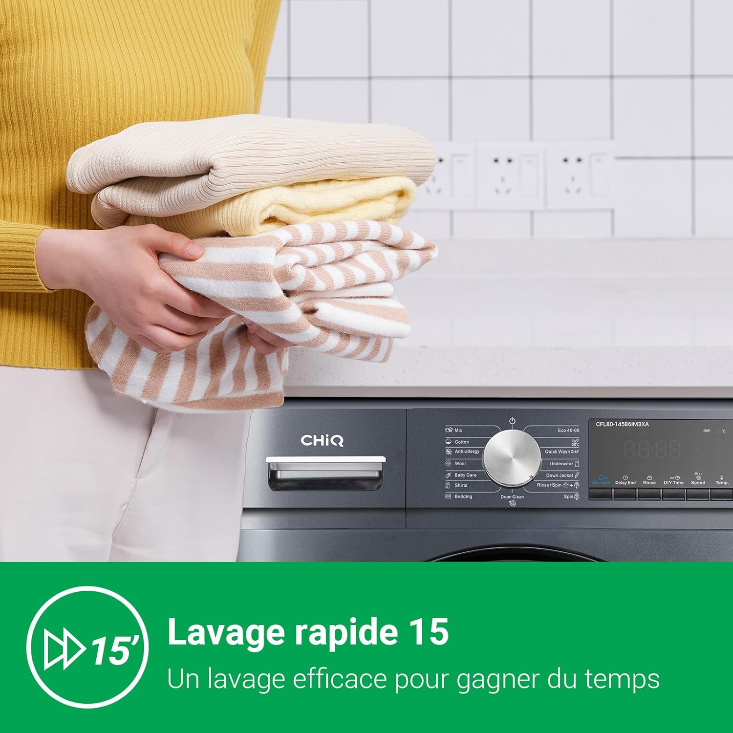 Lave-linge CFL80-14586IM3XA, Chargement frontal 8 kg,Space Pro,Moteur Inverter stable, 1400 tr/min, Programme intelligent à IA, Fonction vapeur, Lavage rapide 15 minutes, 15 cycles lavage, Gris