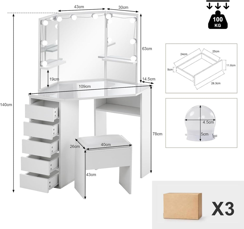 Coiffeuse avec Miroir Triptyque et Tabouret, Coiffeuse d'angle Miroir Tabouret 2 Compartiments 5 Tiroirs, Table de Maquillage Blanc Moderne Femme Cadeau avec LED
