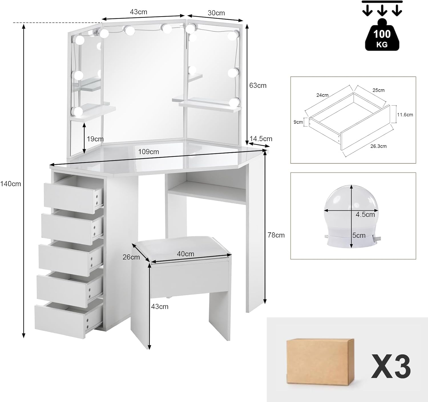 Coiffeuse avec Miroir Triptyque et Tabouret, Coiffeuse d'angle Miroir Tabouret 2 Compartiments 5 Tiroirs, Table de Maquillage Blanc Moderne Femme Cadeau avec LED