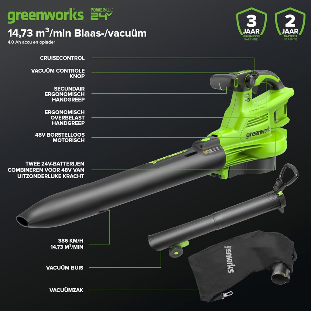Greenworks 48V(24V x 2) Aspirateur Souffleur Sans fil de Feuilles à Batterie Bandoulière, Moteur Sans Balais, 386km/h, 14.73m³/min,Sac Mulching 45L, 2 Batteries 4Ah,Chargeur,Garantie 3 Ans BL48L421-01