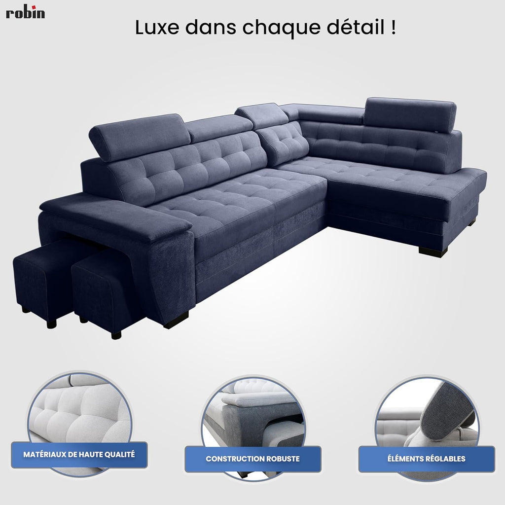 Robin Grand canapé d'angle Convertible avec Coffre de Rangement et Deux tabourets - Canapé d'angle autoportant en Forme de L - Appuie-tête réglables