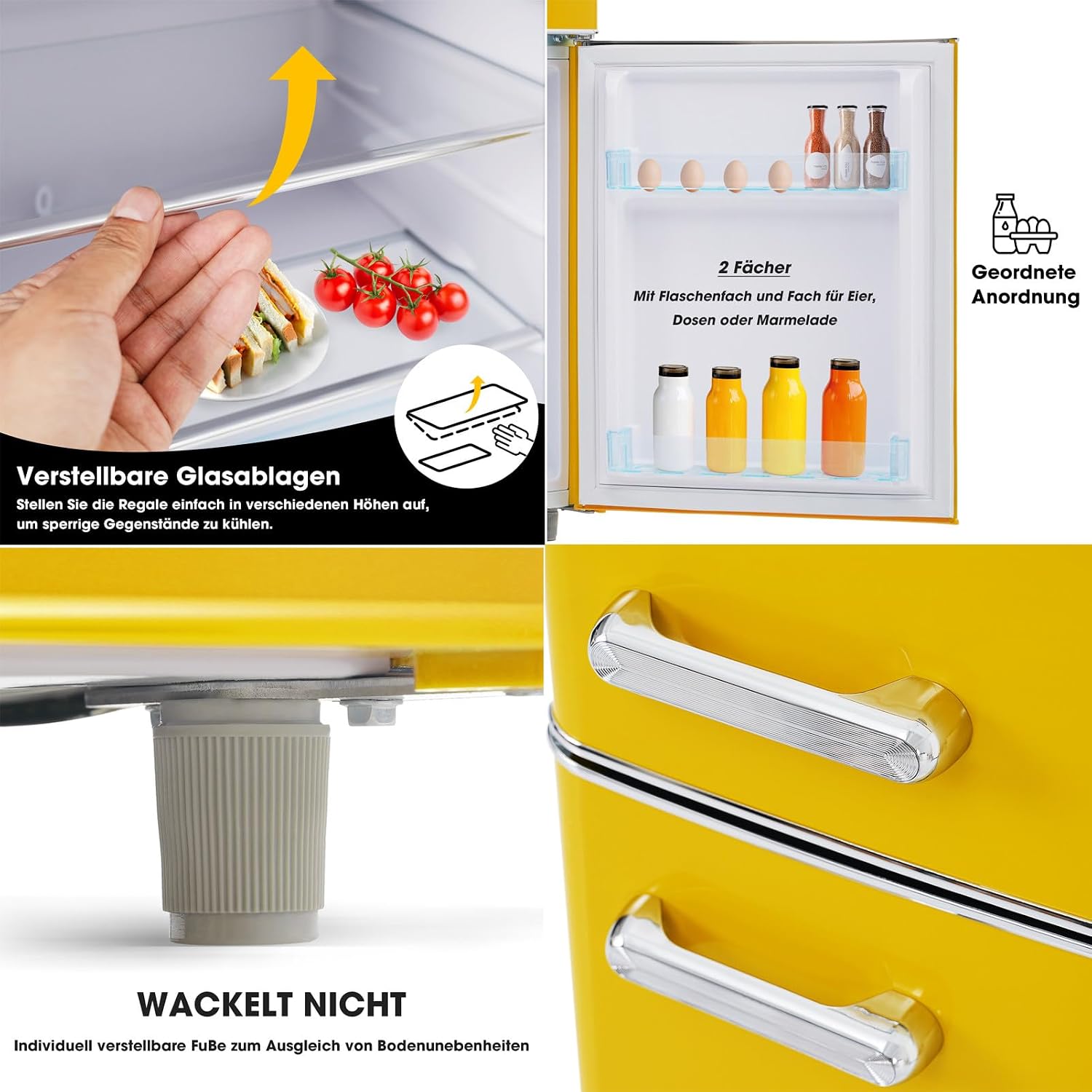 Réfrigérateur-congélateur Style rétro, Deux Portes, capacité Totale de 72 litres, Compartiment congélateur de 21 litres, consommation énergétique de 120 kWh/an, éclairage LED Yellow