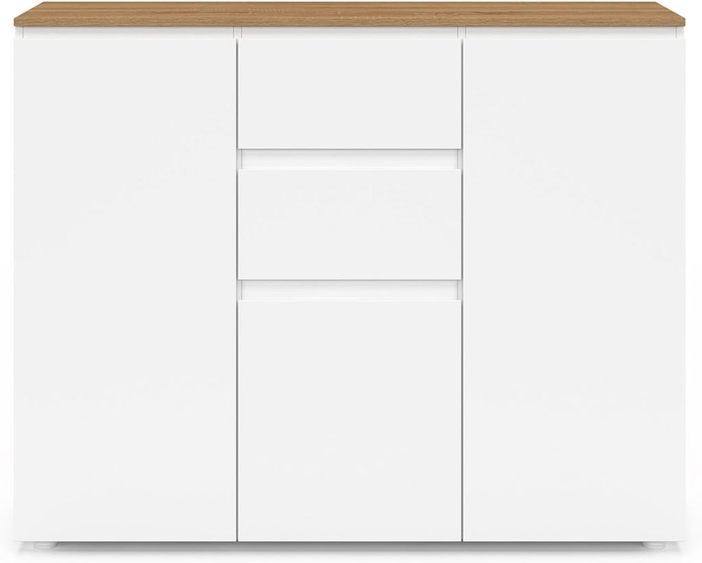 IDMarket - Buffet 100 cm Toby 3 Portes 2 tiroirs Blanc et Plateau Bois