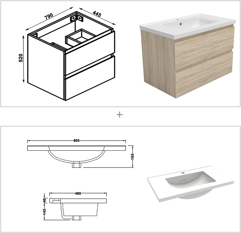 AICA Ensemble Meubles Salle de Bain 80cm Vasque + Colonne + Miroir Rond Lumineux Chêne Wotan