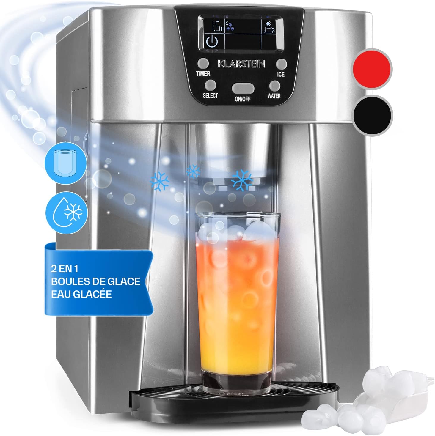 Klarstein Machine a Glacons pour la Maison, Capacité de 2L, Fabrique Rapidement Jusqu'à 12kg de Glacons, Alarmes de Sécurité, Machine à Glaçons de Comptoir, Ice Maker, Distributeur Eau Froide