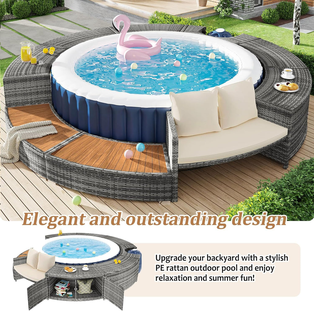 Spa Piscine Salon de Jardin Bordure de Piscine PE Gris Rotin et Bois d'acacia avec Espace de Rangement Salon Salon pour Jacuzzi et Piscine