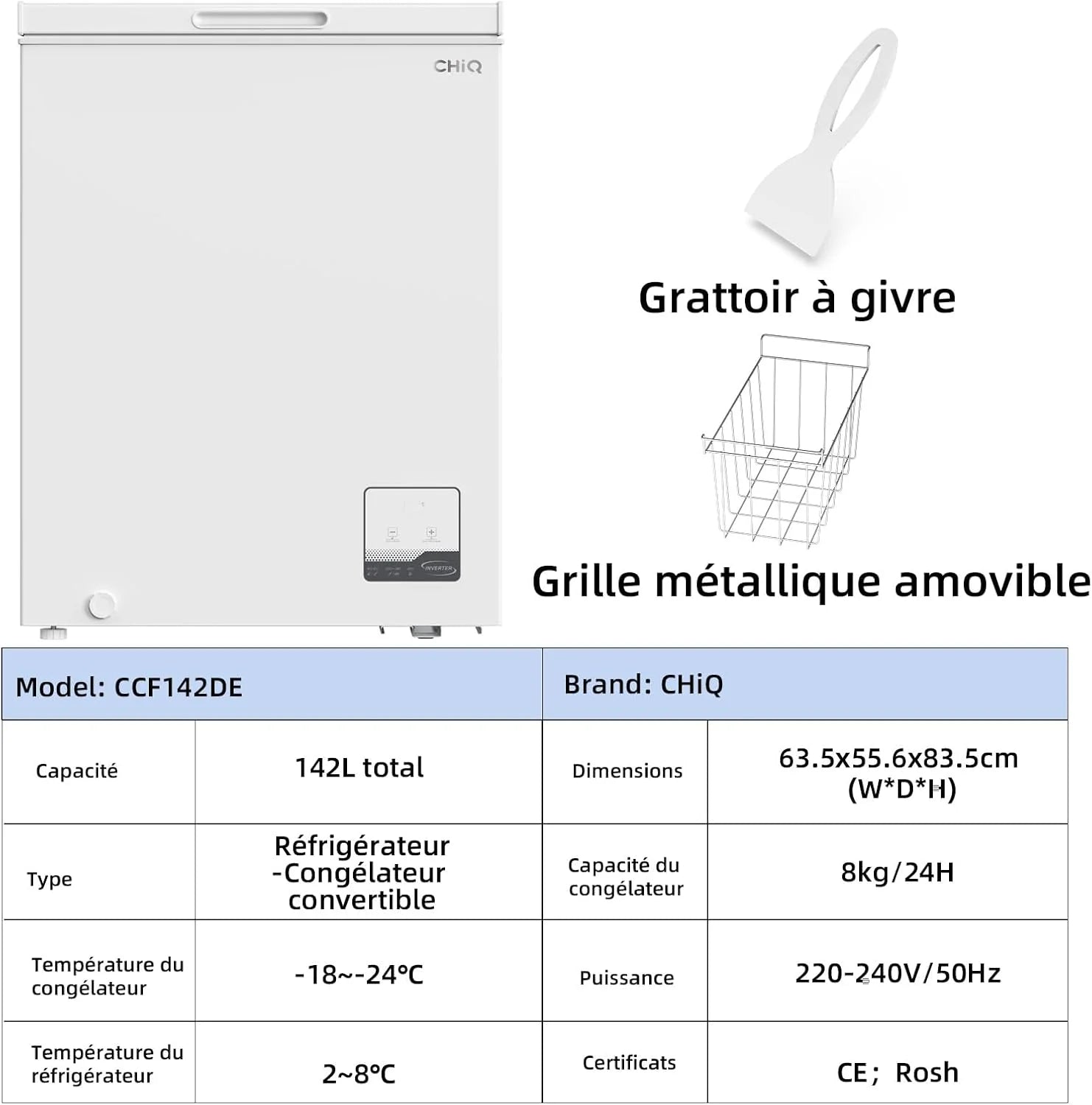 CHiQ congélateur coffre 142L, inverter, -32°C rapide, grille métal, silencieux