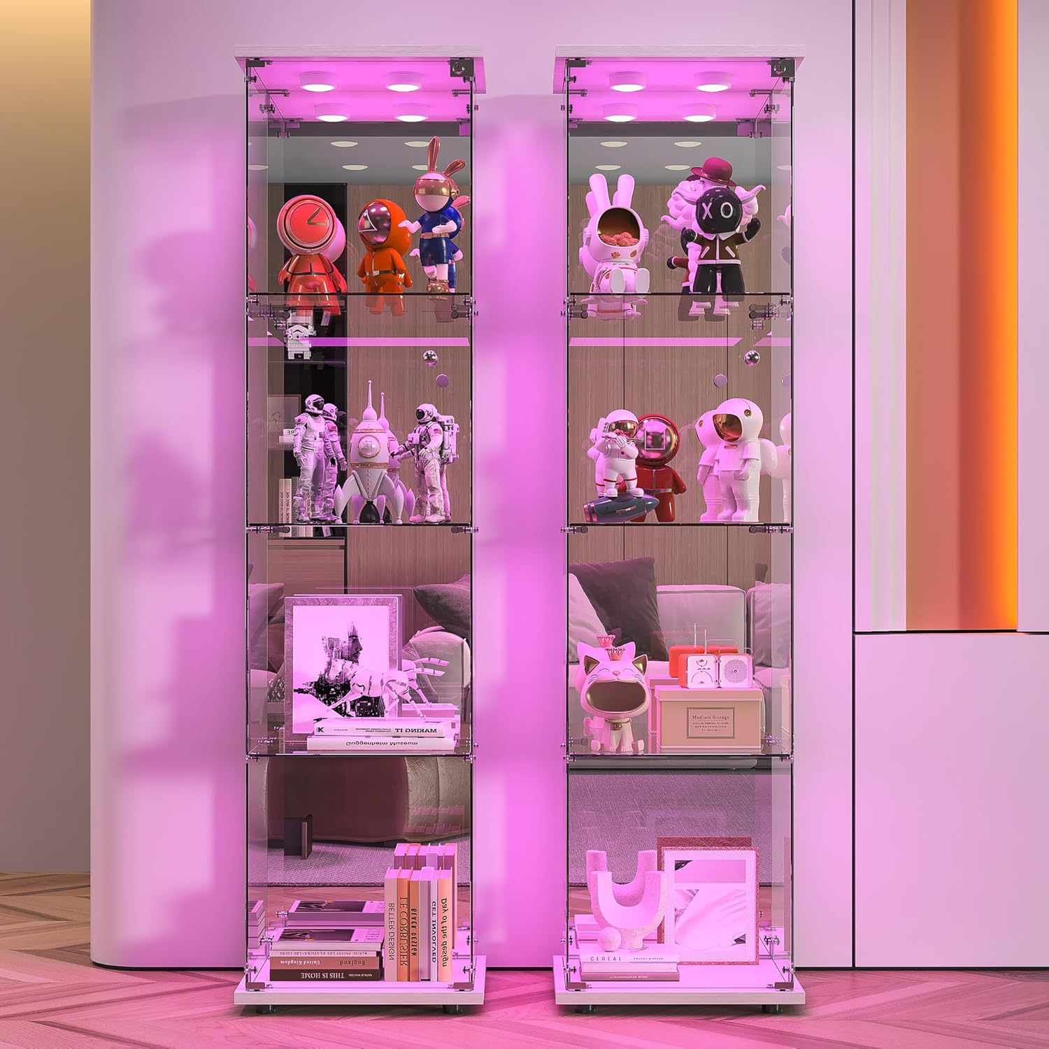 Vitrine sur pied en verre à 4 couches - 1 porte - Lampe LED et serrure avec paroi arrière miroir - Armoire de salon pour objets de collection et livres - Blanc
