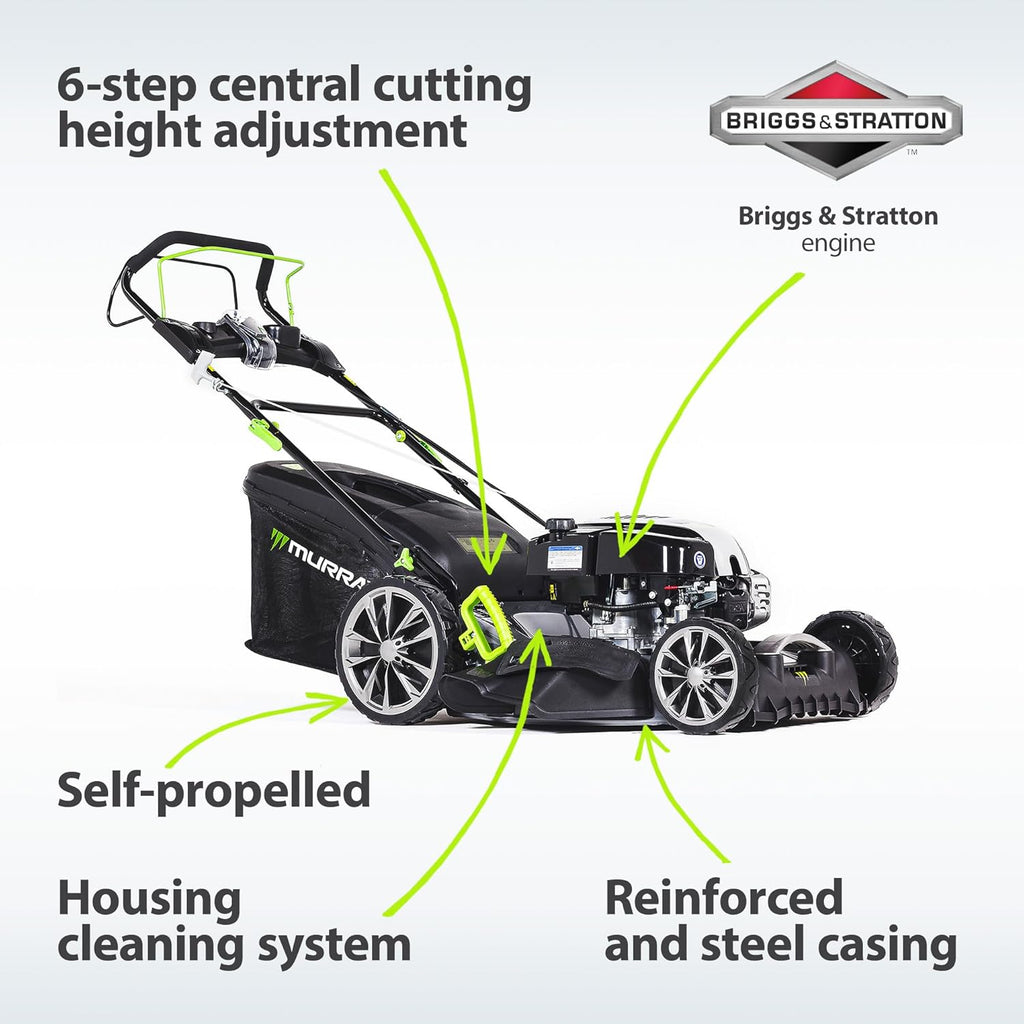 Murray Tondeuse Gazon Thermique EQ2-700X - Tondeuse à Gazon Essence Autotractée 4 en 1, 56cm - Bac à Gazon 75L pour Petites et Moyennes Pelouses - Tondeuse Thermique avec Moteur Briggs & Stratton