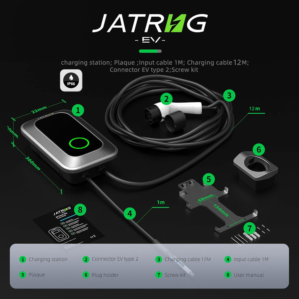 JATRHG S1 Borne de Recharge pour Véhicule Électrique 7kW 12M 32A Monophasé IP66 Station de Charge Type 2 IEC 62196-2 - Chargeur Rapide EV Wallbox