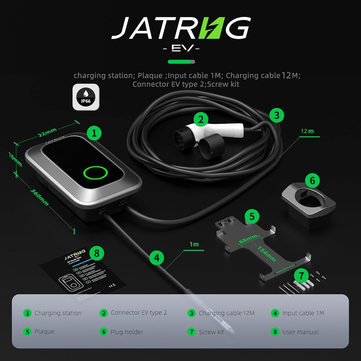 JATRHG S1 Borne de Recharge pour Véhicule Électrique 7kW 12M 32A Monophasé IP66 Station de Charge Type 2 IEC 62196-2 - Chargeur Rapide EV Wallbox