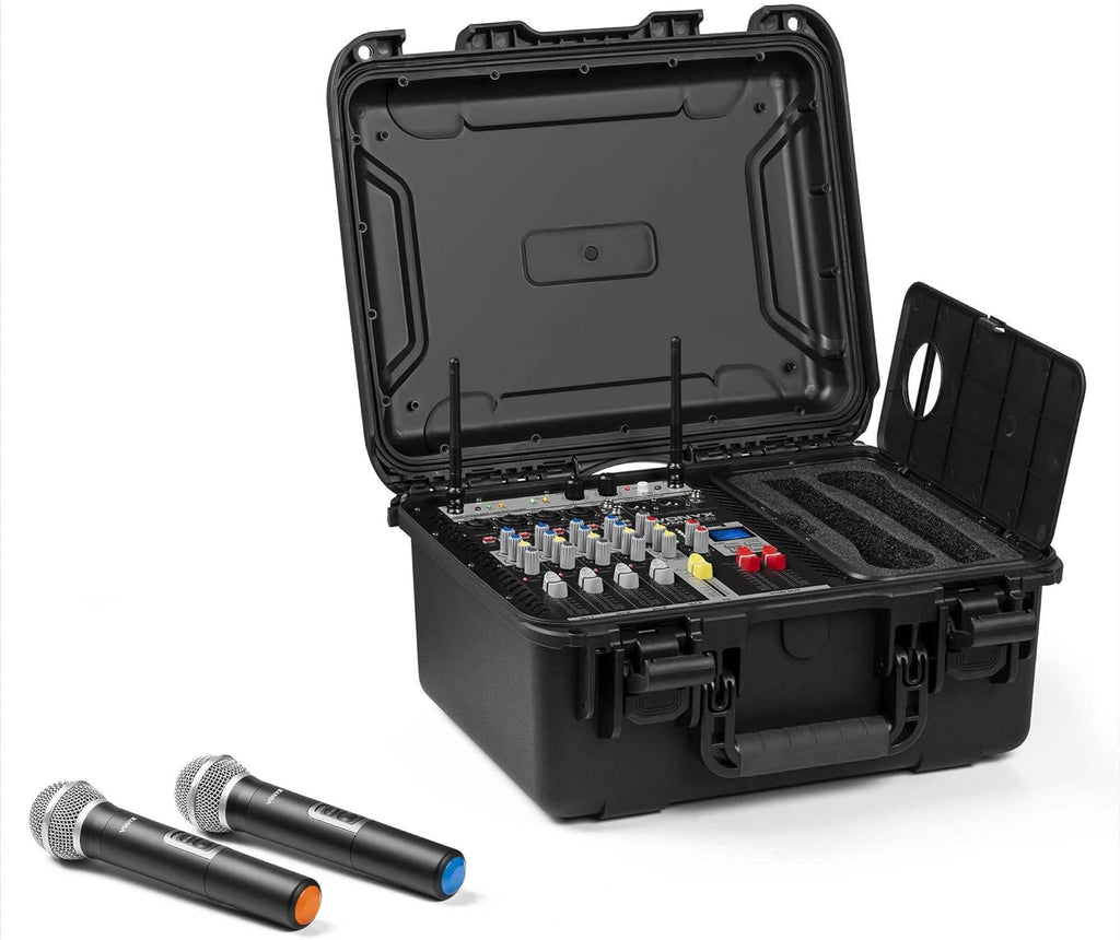 Pack Sono Complet avec Table de Mixage, 2 Enceintes Passives, Micros UHF, Câbles - 1600 Watts, Pied d'Enceines 110 à 175 cm, Bluetooth, MP3, Idéal pour Les DJ Mobiles, Groupes, Événements, Concerts