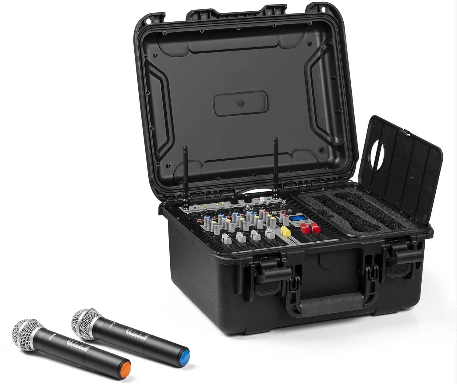 Pack Sono Complet avec Table de Mixage, 2 Enceintes Passives, Micros UHF, Câbles - 1600 Watts, Pied d'Enceines 110 à 175 cm, Bluetooth, MP3, Idéal pour Les DJ Mobiles, Groupes, Événements, Concerts