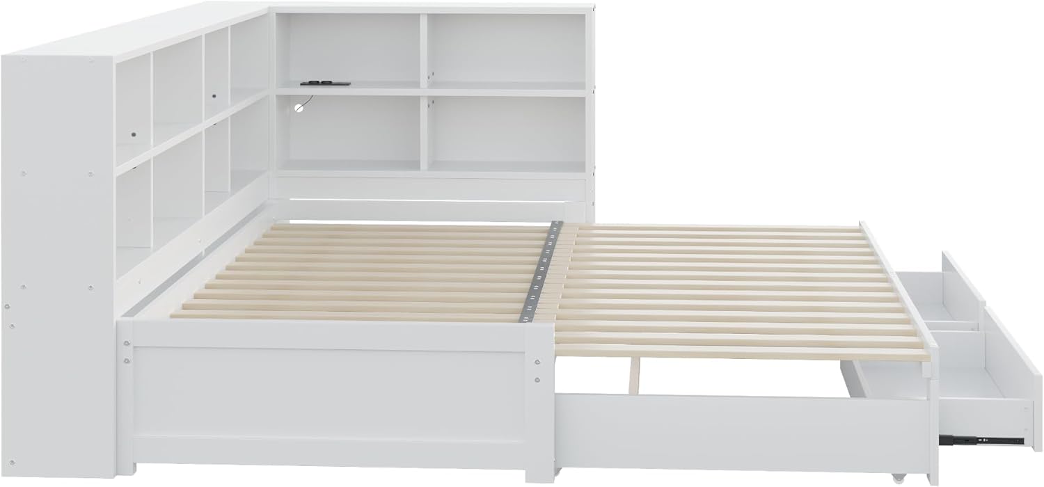 Lit Gigogne 90x190 cm + 180x190 cm - Lit en Bois avec Rangement et Prise Intégrée, Structure Pin et MDF, Matelas Non Inclus - Blanc