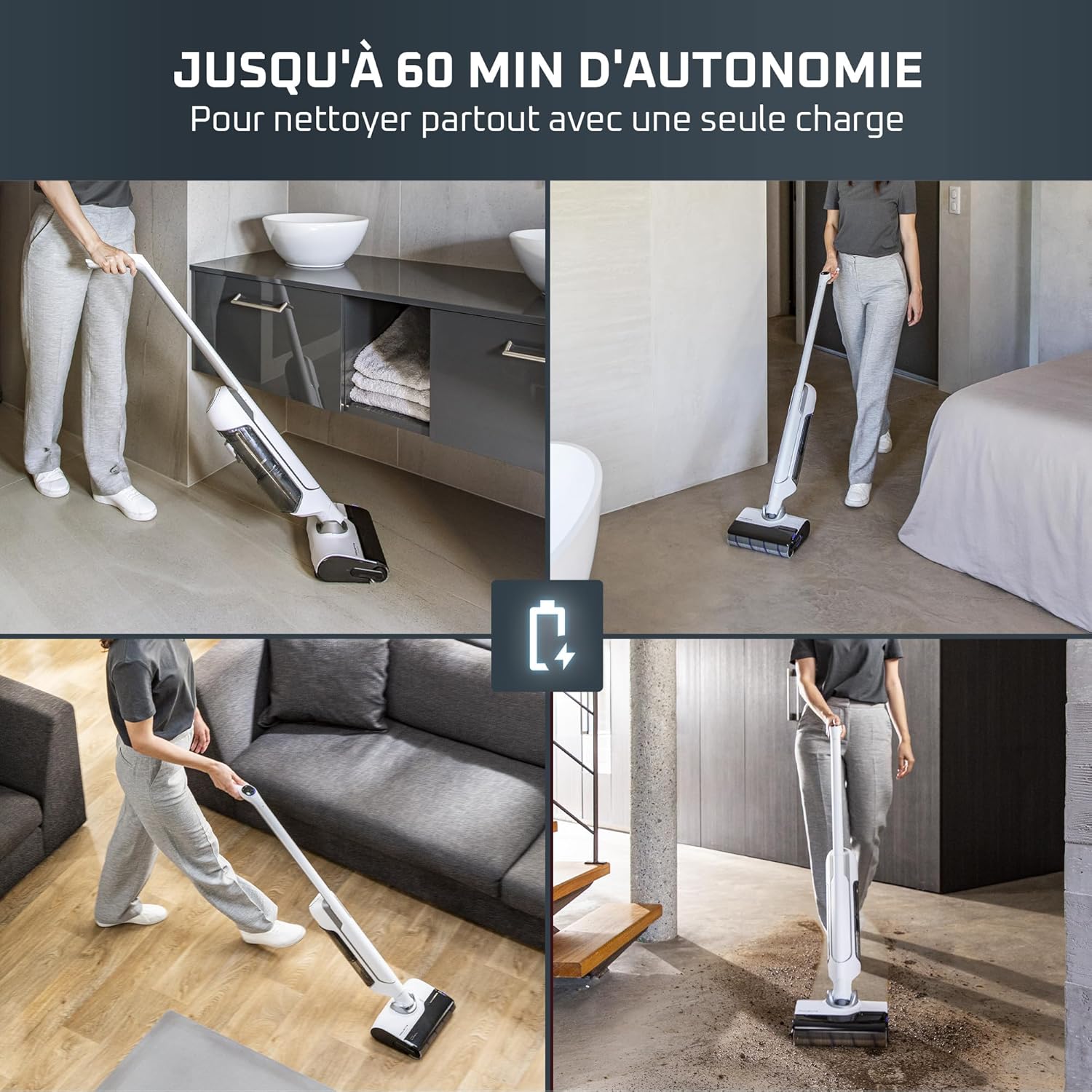 Rowenta X-Clean 10, Aspirateur Laveur sans Fil, Inclinable 180°, Auto-Nettoyage et séchage 65°C, 60min, pour tâches tenaces, Poils d’Animaux YY5785FE, Blanc