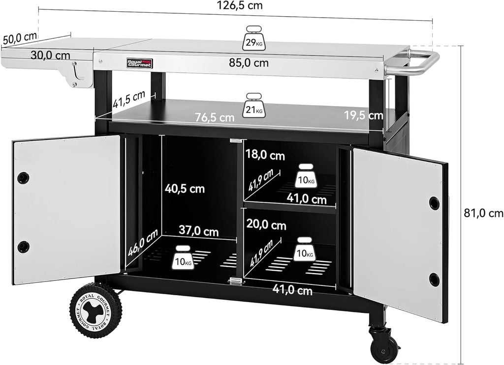 Royal Gourmet Chariot de Barbecue avec Porte d'Armoire, Desserte Extérieure pour Plancha avec Dessus de Table en Acier INOX 85 x 50cm et Table d'Appoint Pliable de 30 x 50cm, pour Cuisine et Jardin