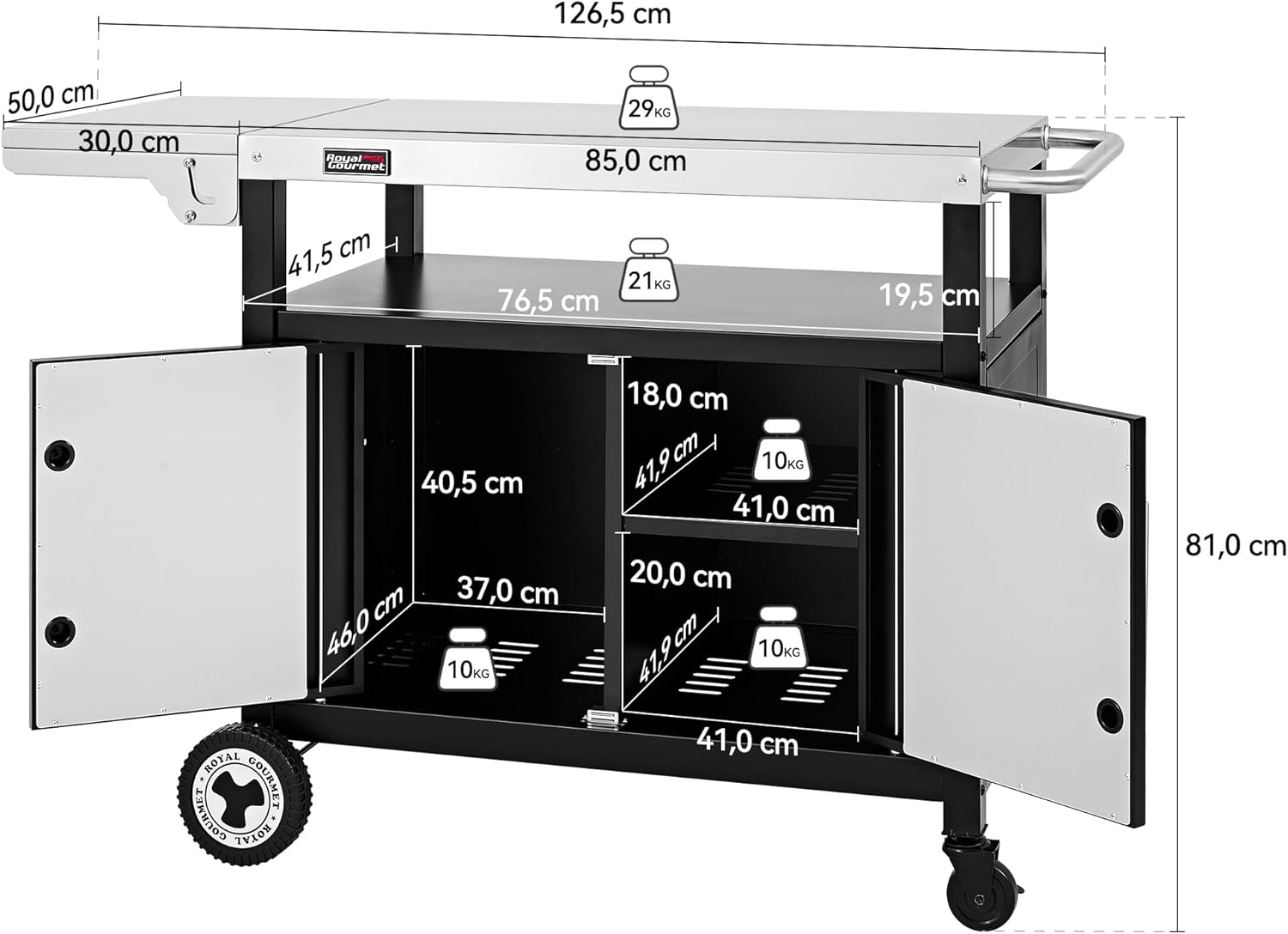 Royal Gourmet Chariot de Barbecue avec Porte d'Armoire, Desserte Extérieure pour Plancha avec Dessus de Table en Acier INOX 85 x 50cm et Table d'Appoint Pliable de 30 x 50cm, pour Cuisine et Jardin