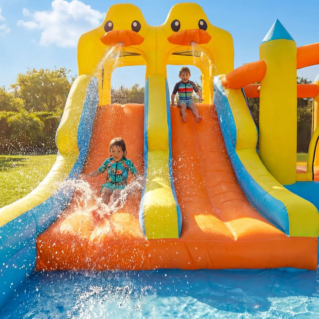 Hapfan Château Gonflable 11-en-1 avec Double Toboggan Aquatique – Piscine, Pistolet à Eau, Mur d’Escalade & Panier de Basket pour Les Plus Grands –520 * 445 * 245cm, Idéal pour Une fête de Jardin