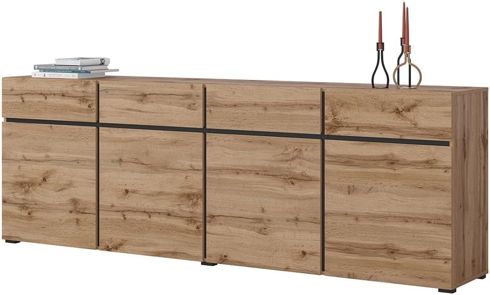 Buffet XL couleur chêne et noir 225 cm, collection Havana. Buffet moderne avec 4 portes et 4 tiroirs.