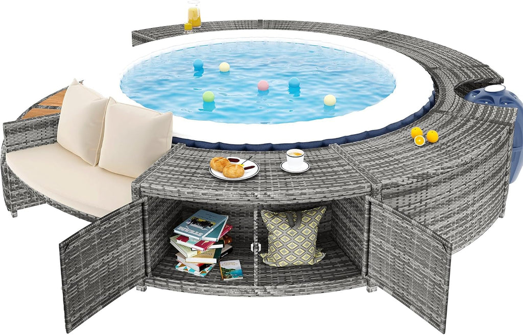 Spa Piscine Salon de Jardin Bordure de Piscine PE Gris Rotin et Bois d'acacia avec Espace de Rangement Salon Salon pour Jacuzzi et Piscine