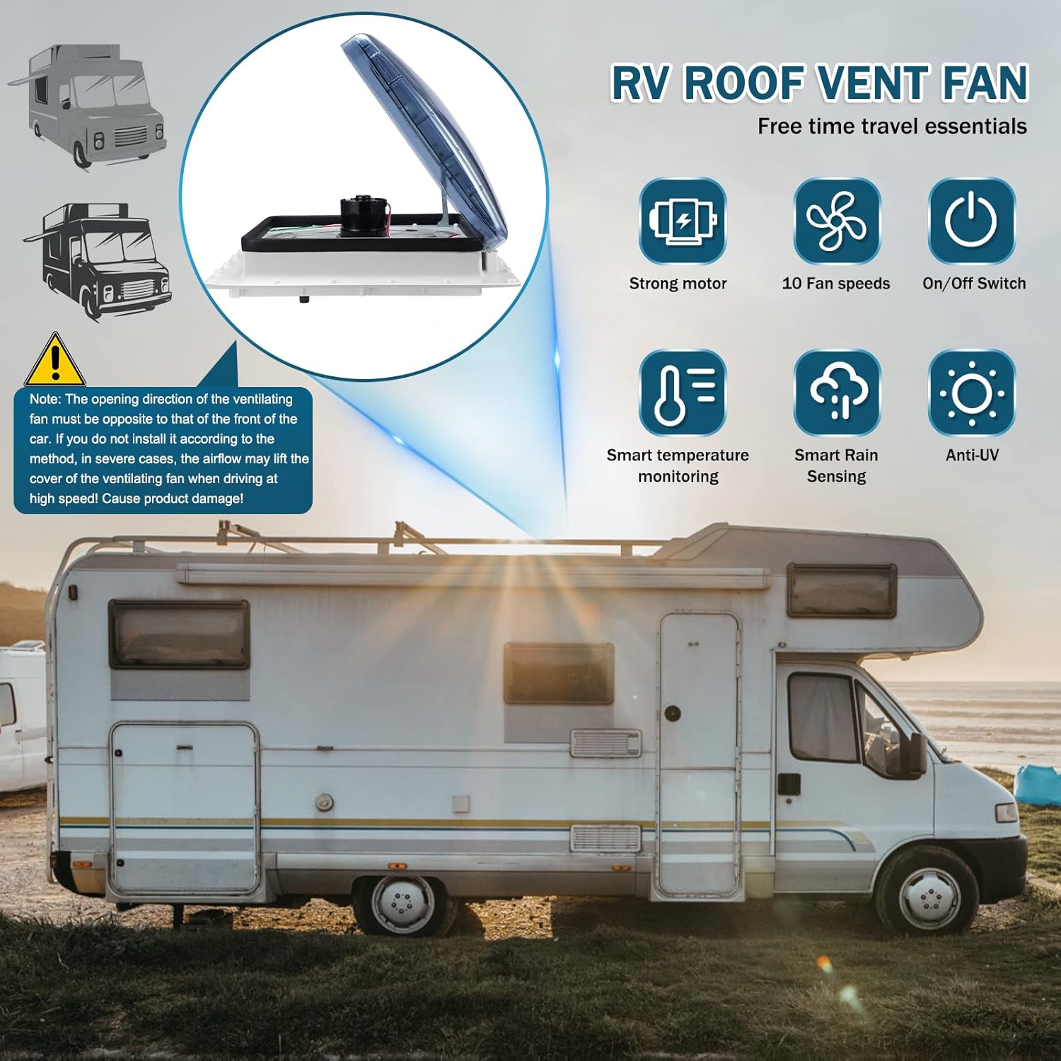 Brolteja Ventilateur de toit camping car,12V RV Ventilateur D'éChappement De Toit,Lanterneau Camping car d'extraction Réversible,40 * 40cm Avec Protection Contre Les Insectes Lucarne