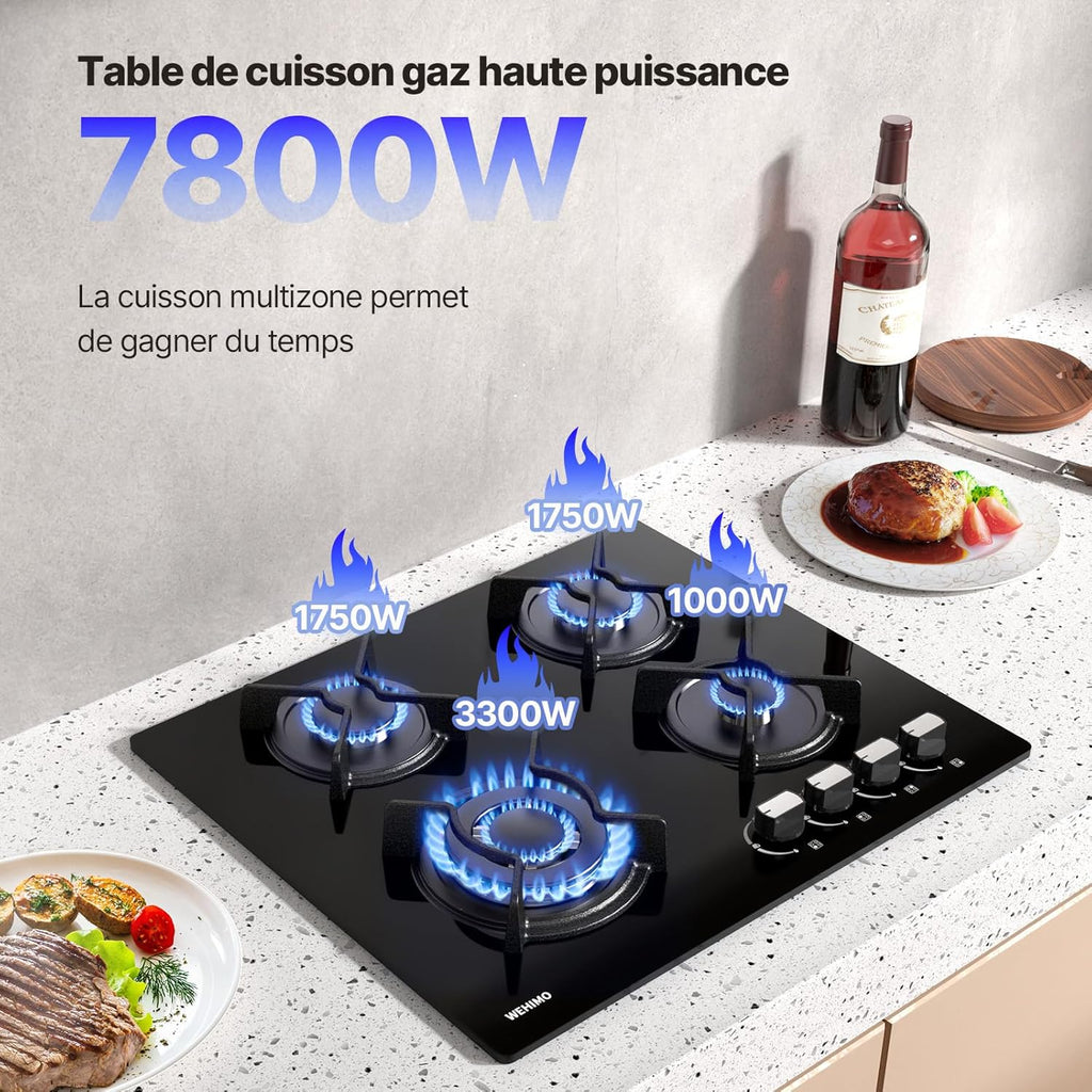 Plaque de Cuisson Gaz 4 Feuxs, Plaque Gaz 4 Feuxs Encastrable, Table de Cuisson 60cm, Grille Fonte, 7800W, Gazs Ville et Bouteille, Verre Noir