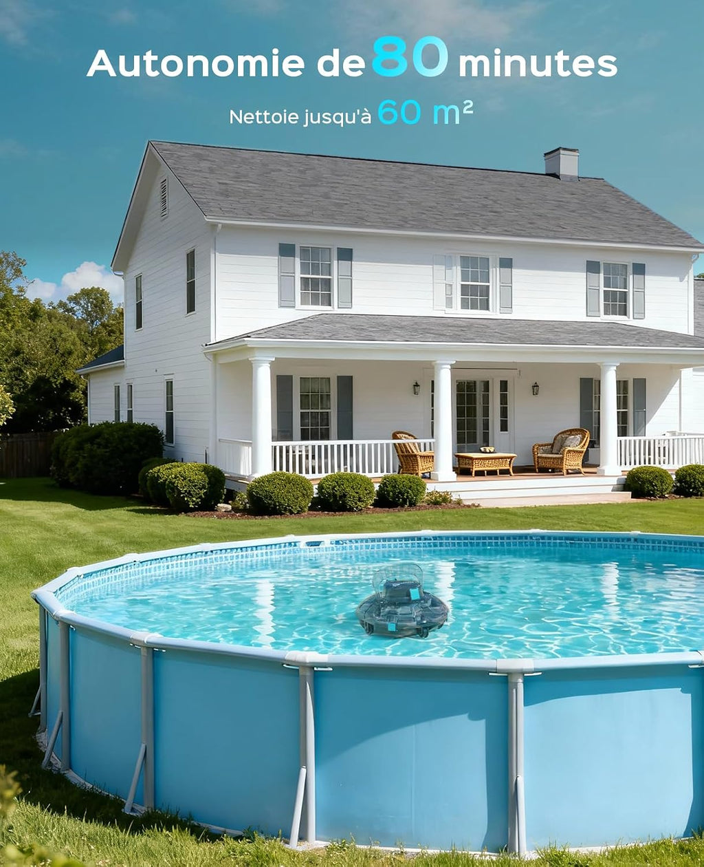 WINNY POOL CLEANER Winny 200P Robot Piscine, Aspirateur Piscine sans Fil avec Batterie, Autonomie 80 Min pour Piscines Hors-Sol 60m², Double Filtration,Stationnement Automatique(Noir-Bleu)