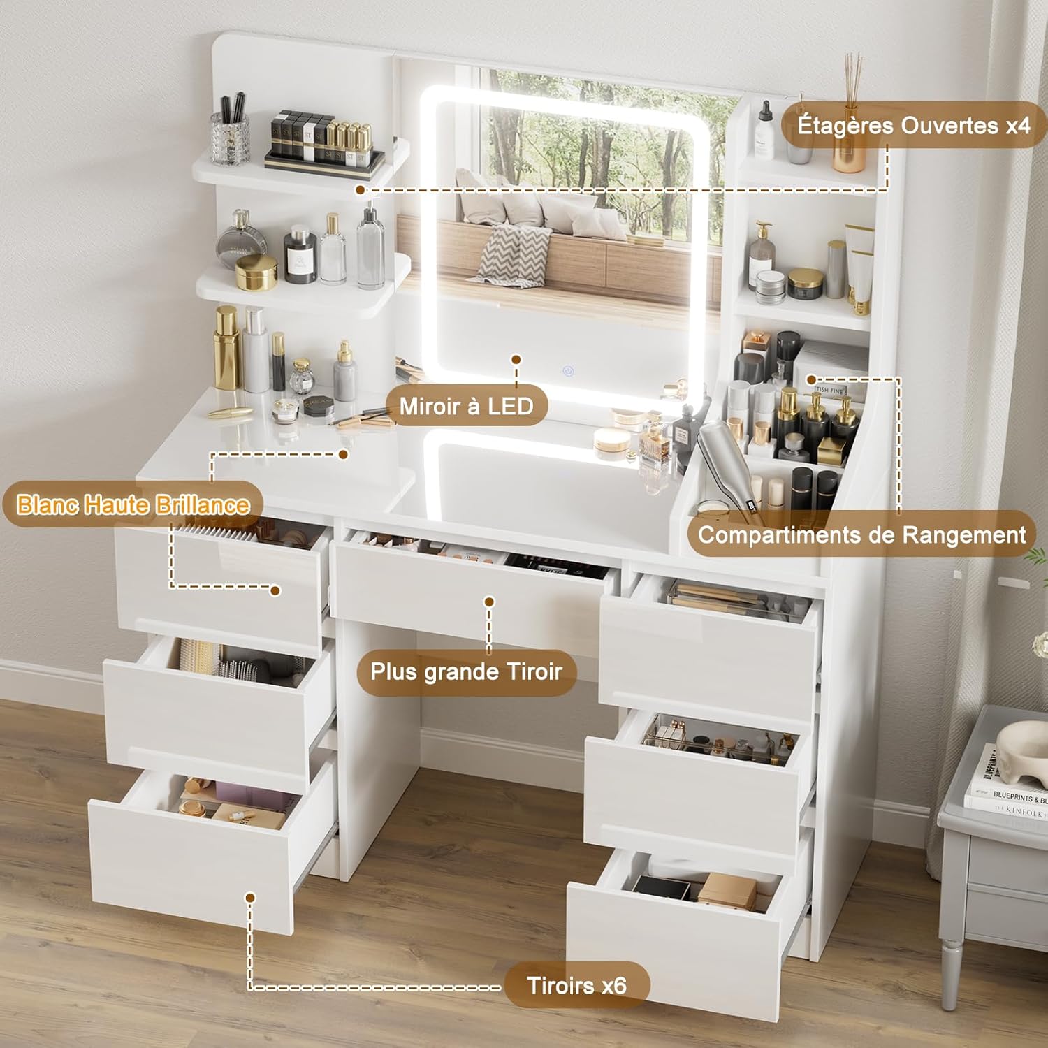 TRIUMPHKEY Coiffeuse Moderne Blanc Haute Brillance, Miroir LED à Lumière Réglable, Grand Espace de Rangement,Table de Maquillage avec 7 Tiroirs, 3 Compartiments, 4 Étagères Ouvertes