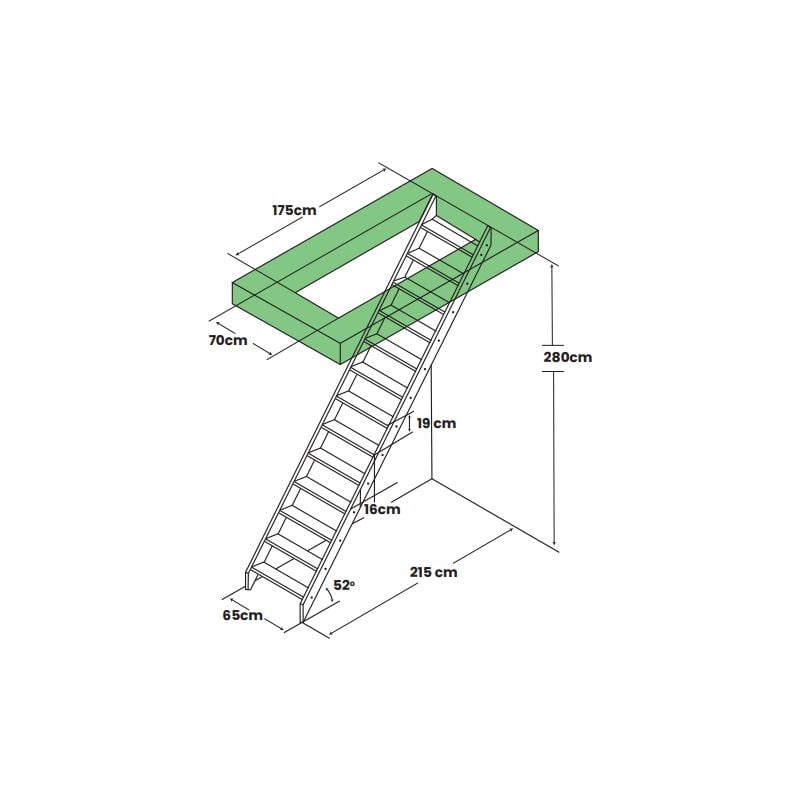 Escalier de meunier peu encombrant MGS65  65 cm de large  Hauteur 280 cm