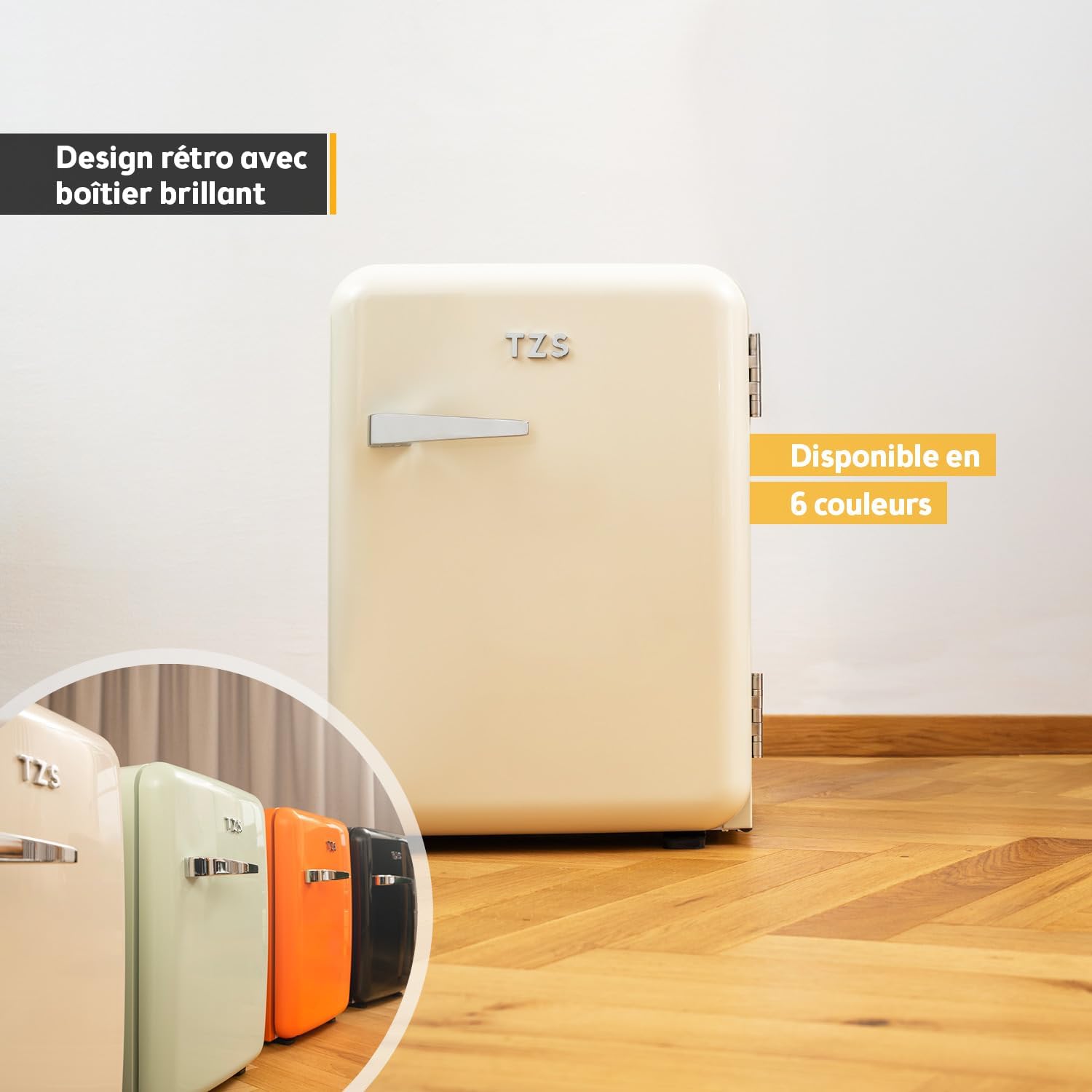 TZS First Austria - Mini Réfrigérateur Rétro 40L silencieux - Petit Minifrigo design vintage avec lumière intérieure et 2 compartiments de porte - Minibar pour camping, bureau, chambre & hôtel - Crème