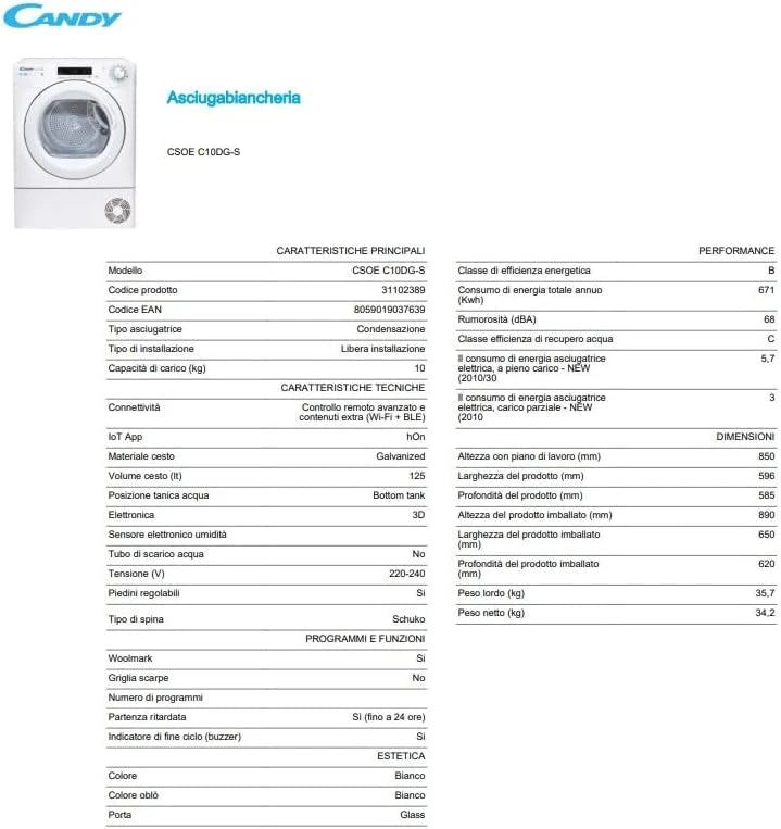 CANDY sèche-linge condensation CSOEC10DG-S, capacité 10kg