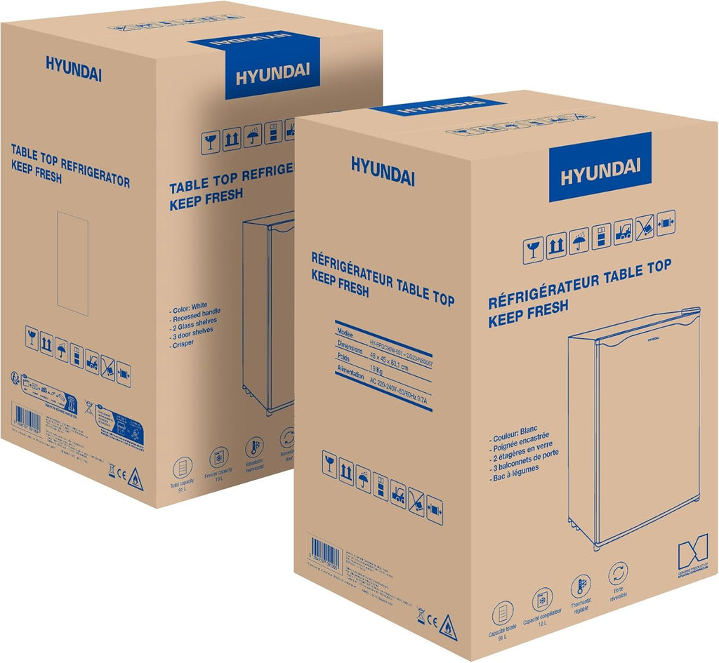 HYUNDAI Réfrigérateur Table Top 90 L Keep Fresh, Compact avec Freezer, Porte Réversible, 2 Clayettes Verre, Bac à Légumes, 41 dB (Blanc)